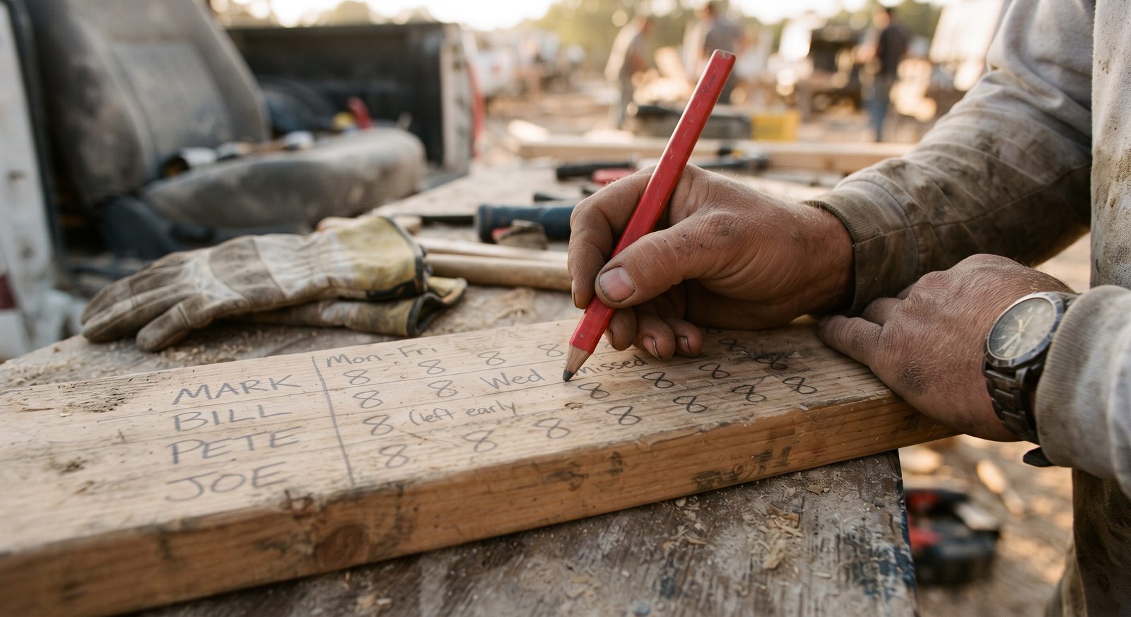 Handwritten crew hours and names on a board, written with a carpenter's pencil